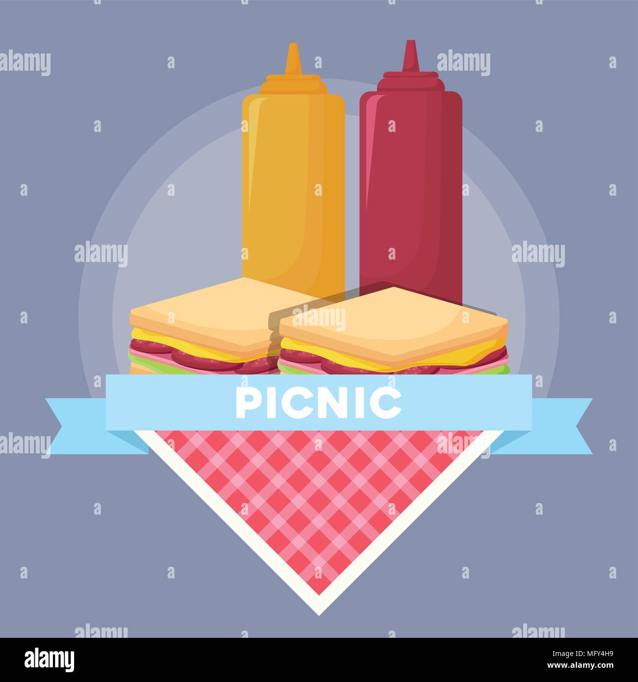 emblem of picnic concept with sandwichs and sauces bottles over purple background, colorful design. vector illustration Stock Vector