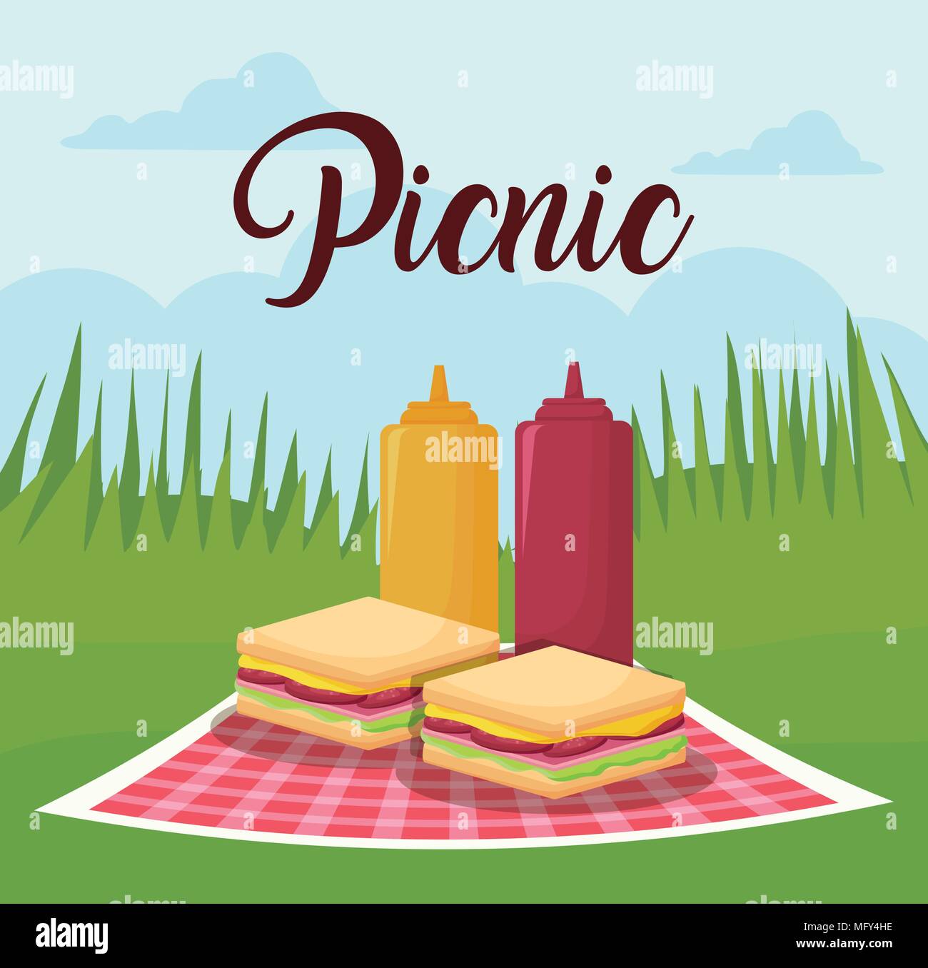 picnic landscape concept with sandwichs and sauce bottles, colorful design. vector illustration Stock Vector