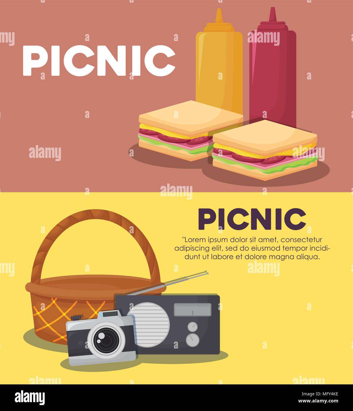 Infographic of picnic concept with sandwich and basket over colorful background, vector illustration Stock Vector