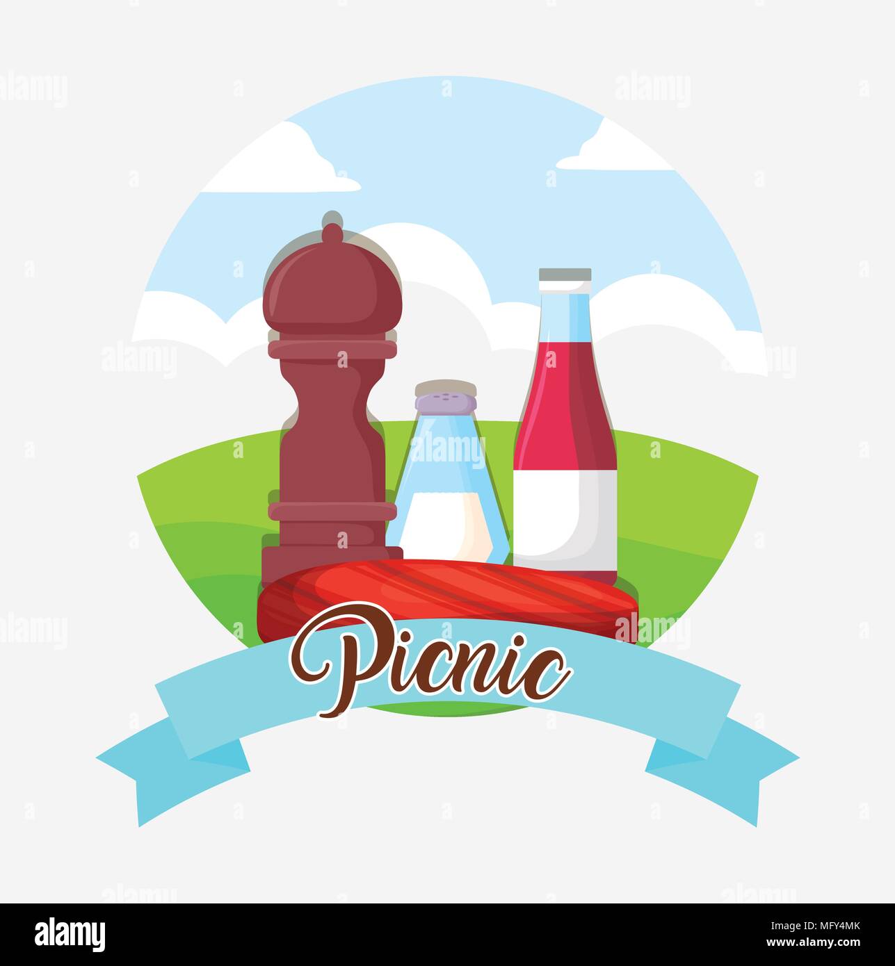 picnic emblem with steak and sauce bottles over landscape and white background, colorful design. vector illustration Stock Vector
