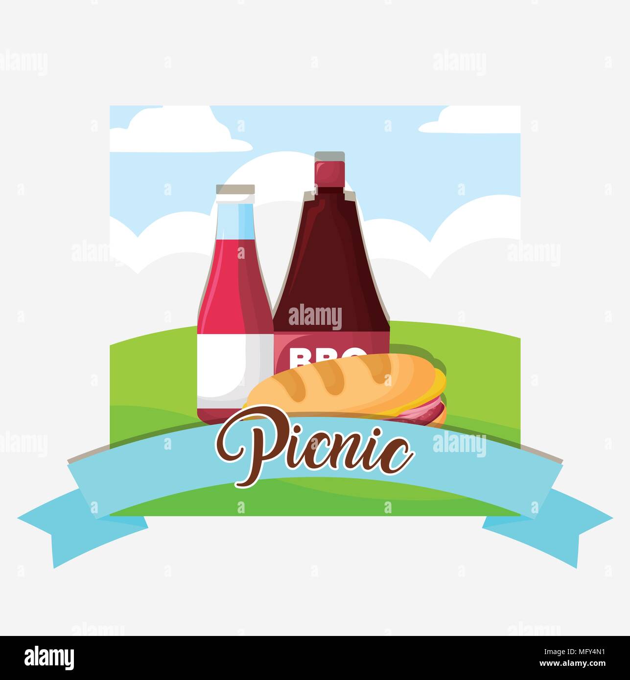 picnic emblem with sandwich and sauce bottles over landscape and white background, colorful design. vector illustration Stock Vector