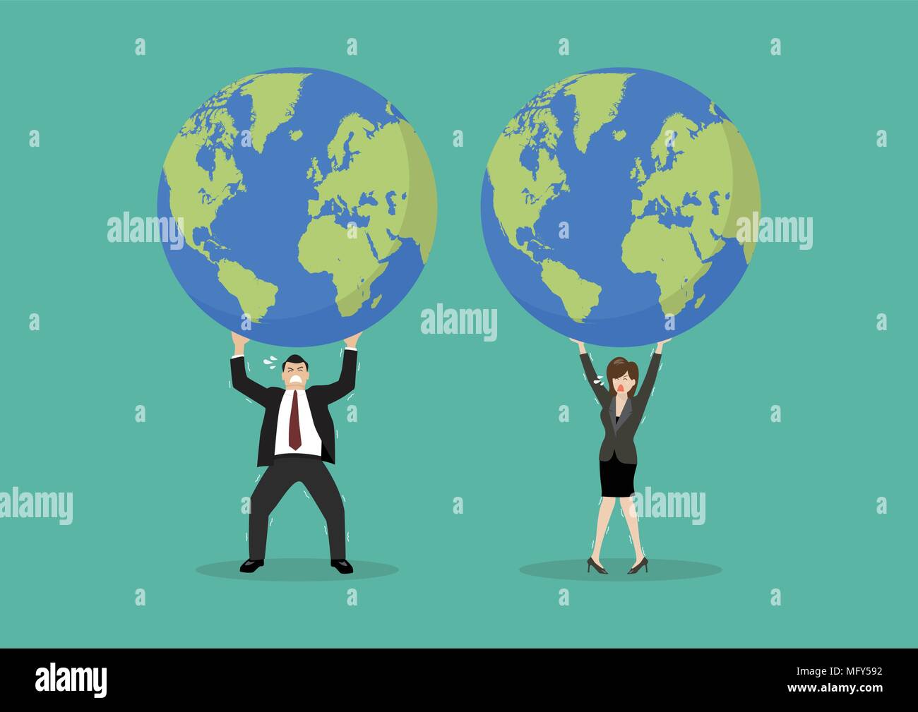 Businessman and woman struggling to carry globe. Vector illustration Stock Vector