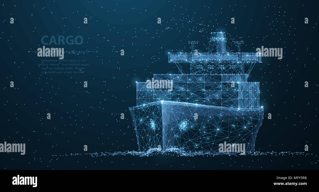 Worldwide cargo ship. Polygonal wireframe mesh art. Transportation, logistic, shipping concept illustration or background Stock Vector
