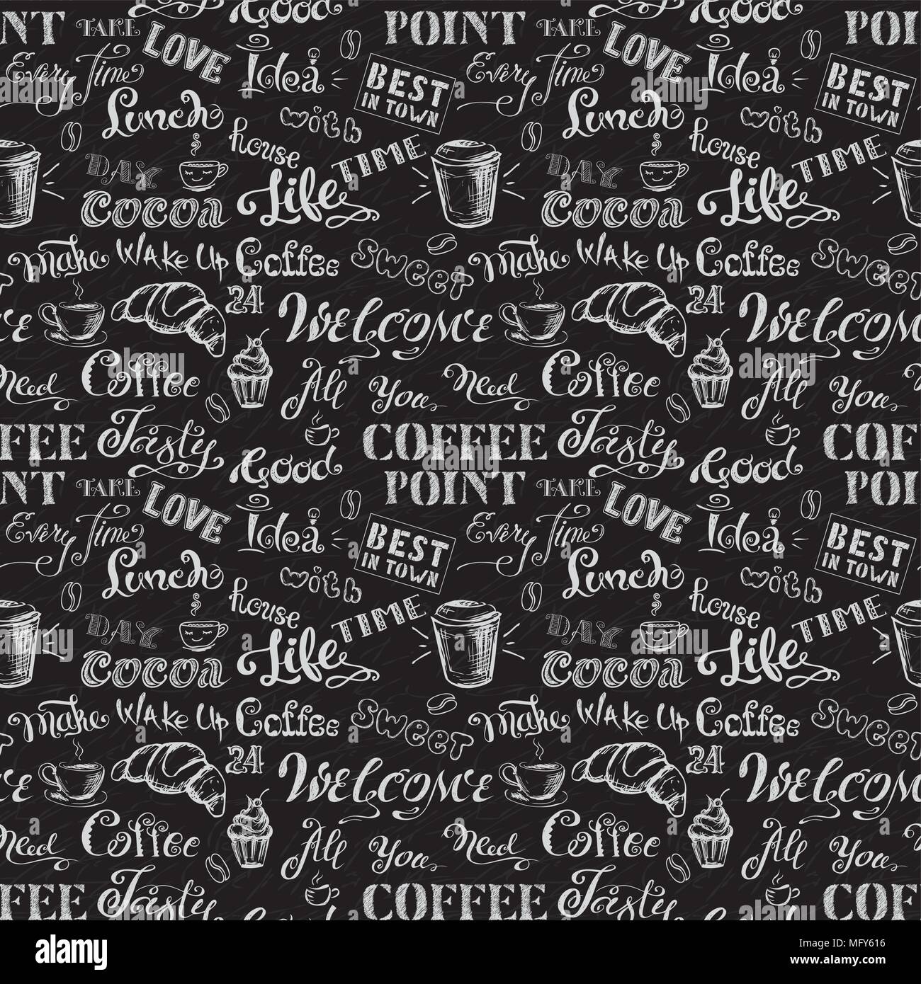 Coffee and cocoa - lettering seamless pattern ,hand drawn on black background, stock vector illustration. Stock Vector