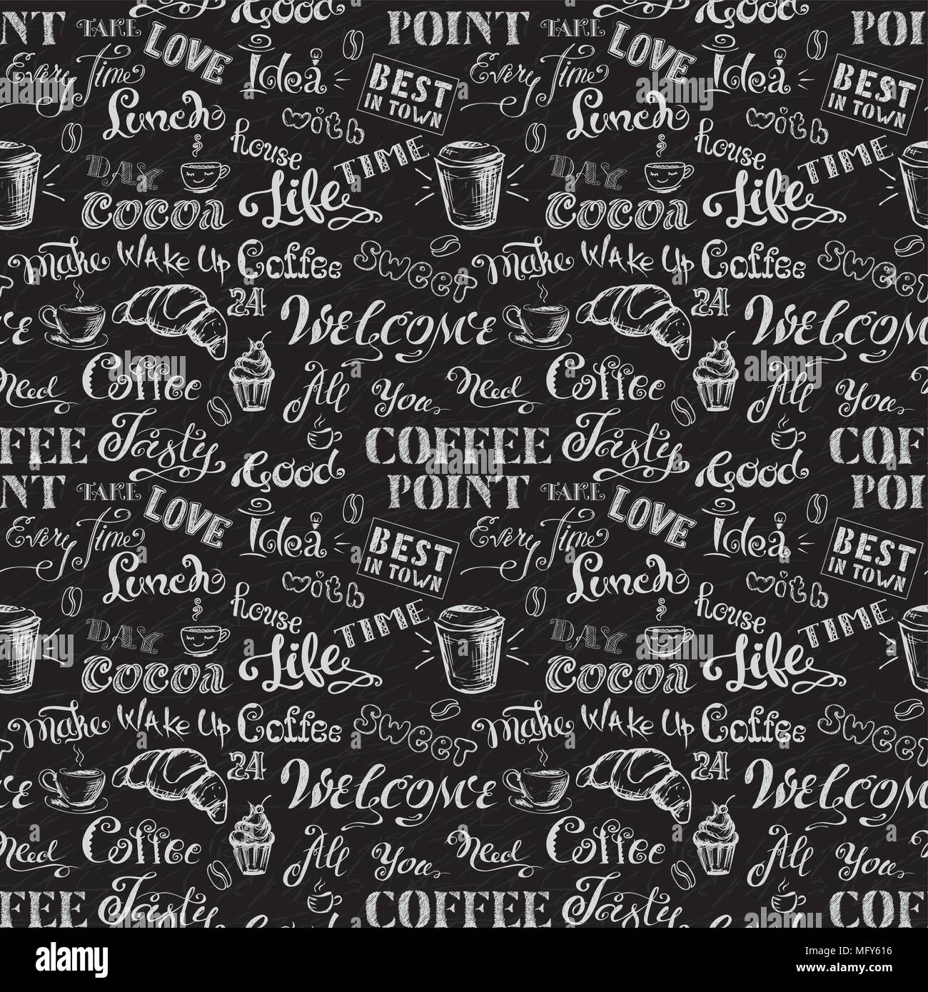 Coffee and cocoa - lettering seamless pattern ,hand drawn on black ...