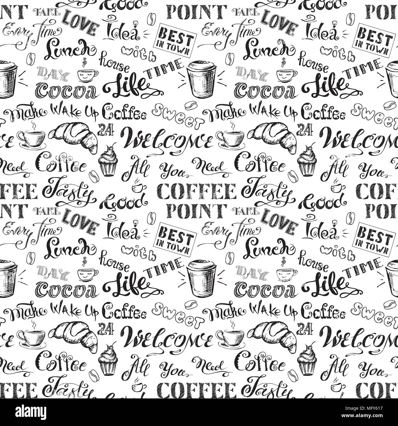 Seamless pattern Coffee lettering,hand drawn on white background, stock vector illustration Stock Vector
