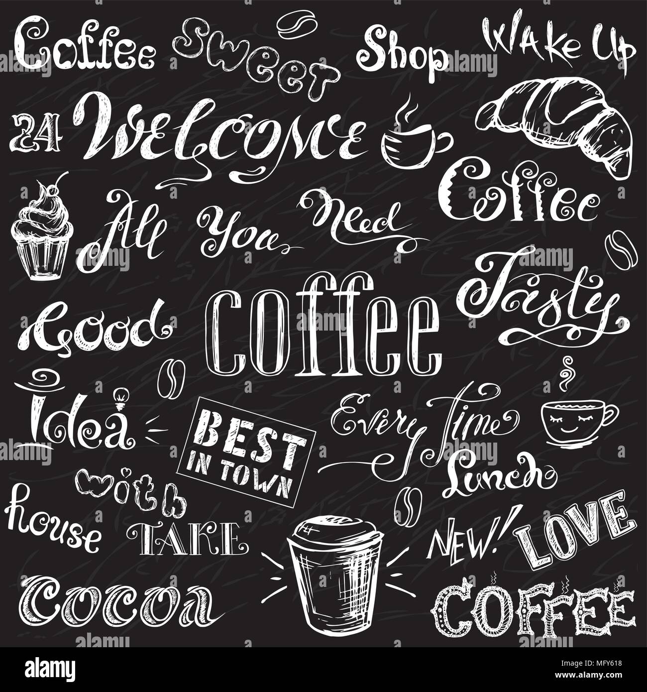 Coffee and cocoa - lettering,hand drawn on black background, stock vector illustration. Stock Vector