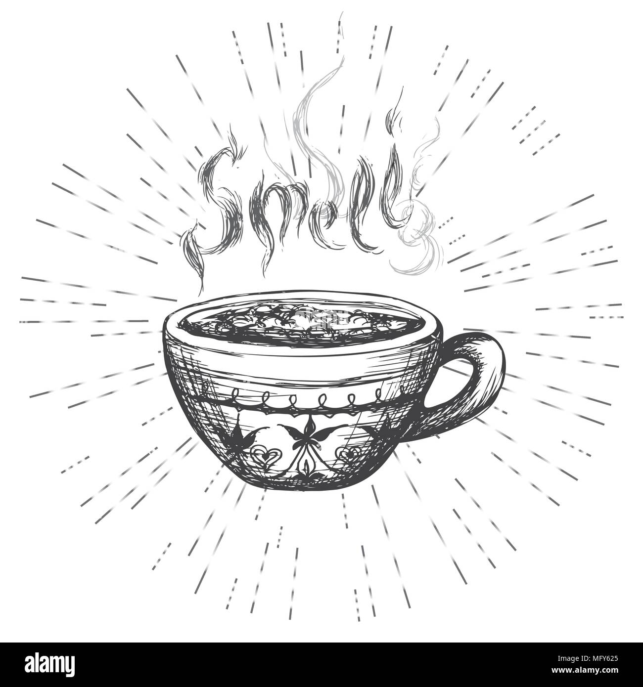 Cup of coffee, hand drawn logo or banner on white background, vector