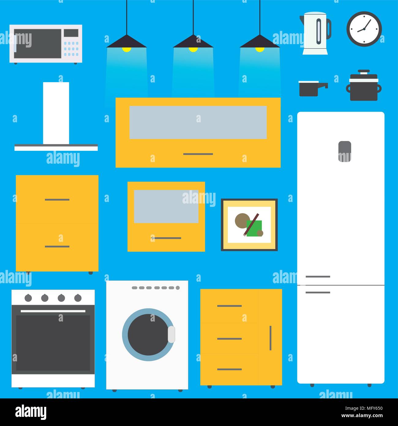 Set - Kitchen furniture, utensils, and devices. Including fridge, oven ...