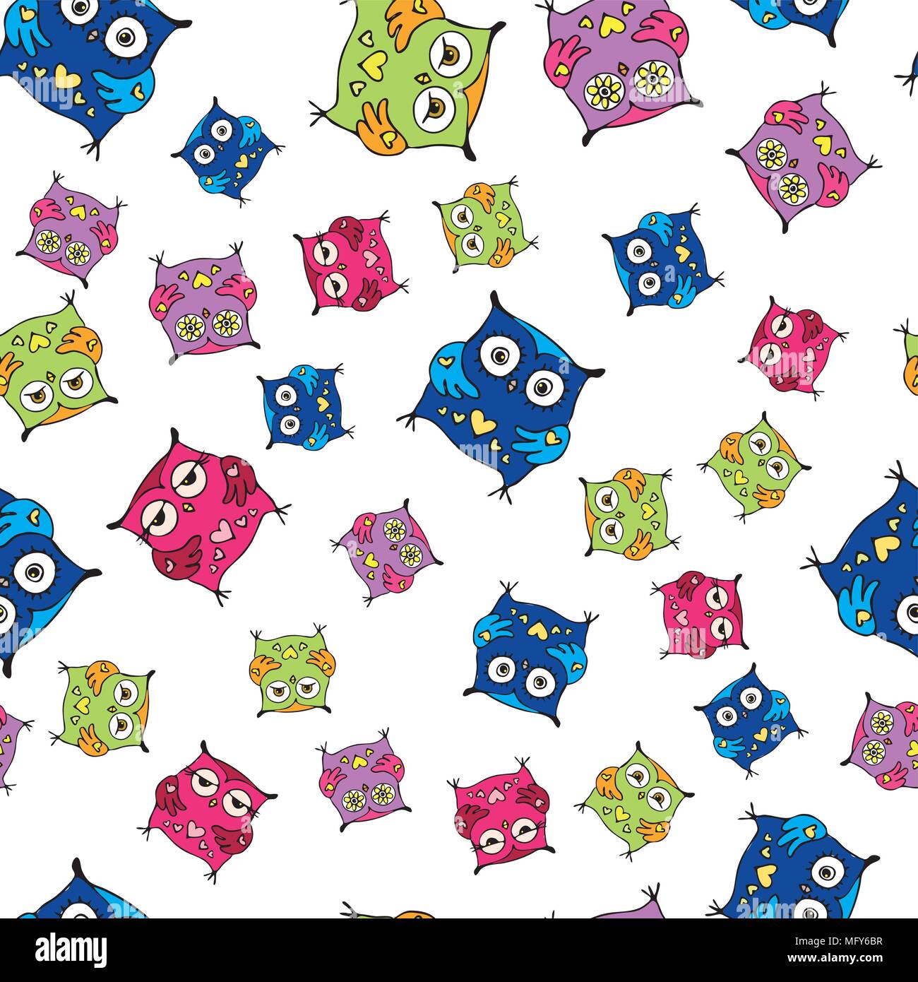 Vector seamless pattern with cute owls. hand drawing cartoon characters. Stock Vector