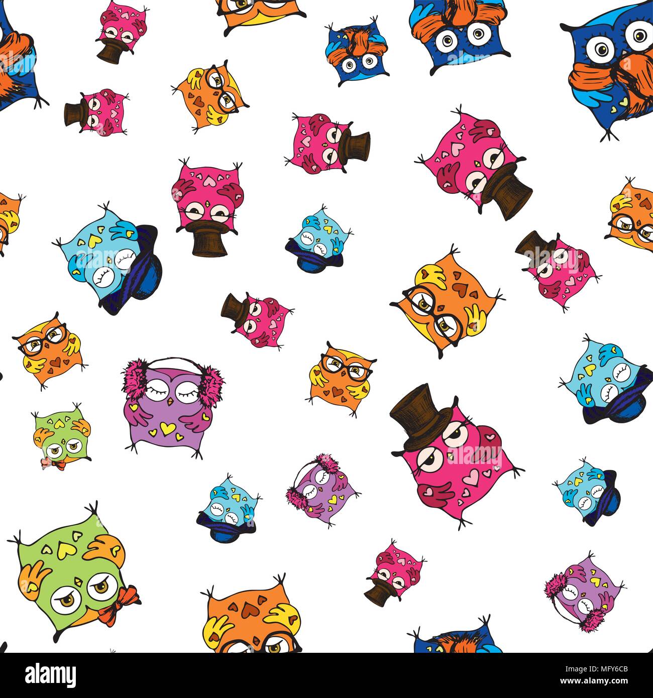 Vector seamless pattern with cute owls. hand drawing cartoon characters. Stock Vector