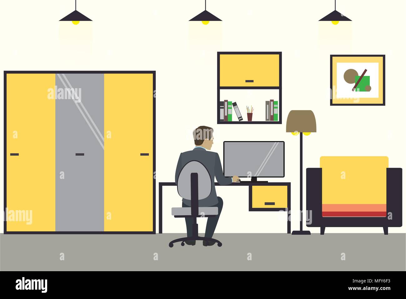Cartoon businessman working at home, living room interior design with ...