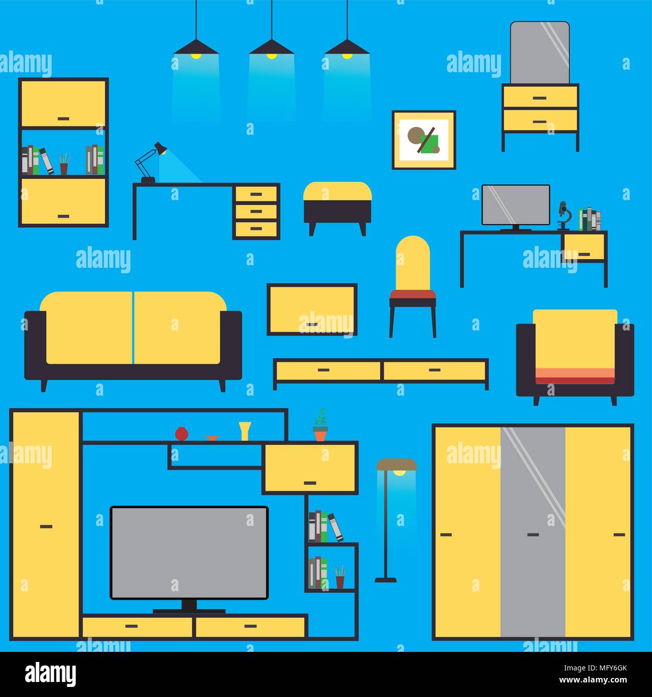 Cartoon Set home furniture,isolated on blue background ,flat vector ...