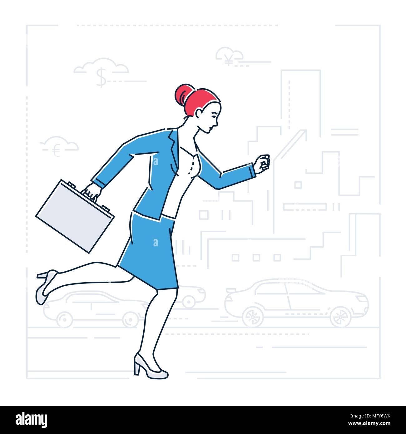 Businesswoman late for a meeting line design style illustration stock