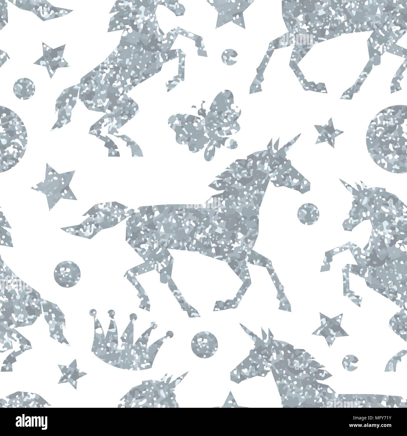 Seamless pattern with unicorns and silver glitter texture Stock Vector