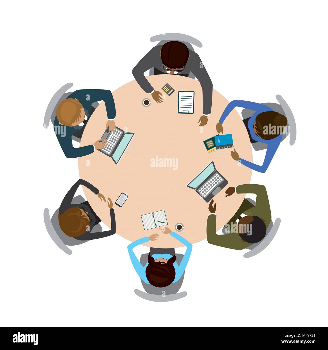 Six people different races  sitting and working together at the round table. Teamwork, brainstorming, startup.Isolated on white . Flat vector illustra Stock Vector