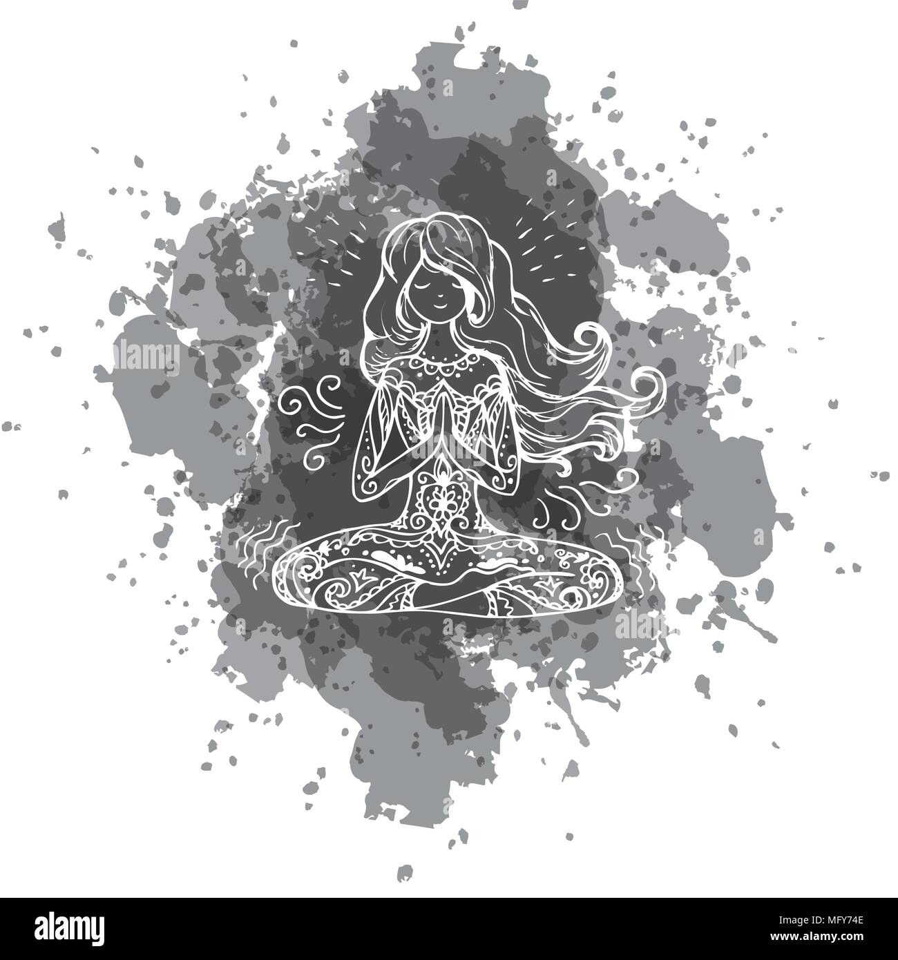 Girl in yoga pose. Doodle hand drawn  Stock Vector