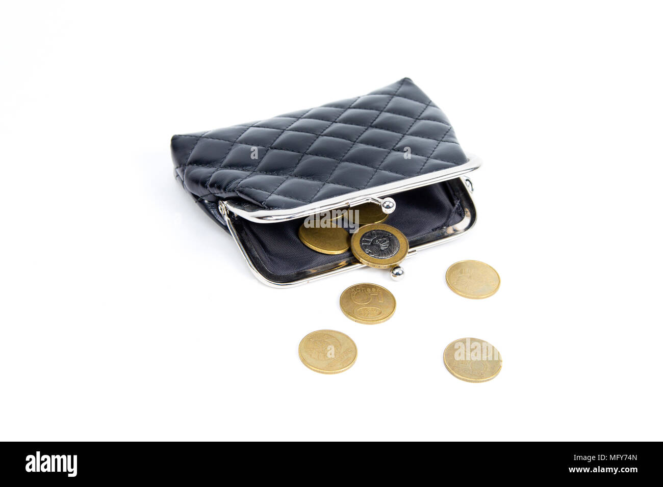 Coins from the old wallet on a white background. Vintage empty purse ...