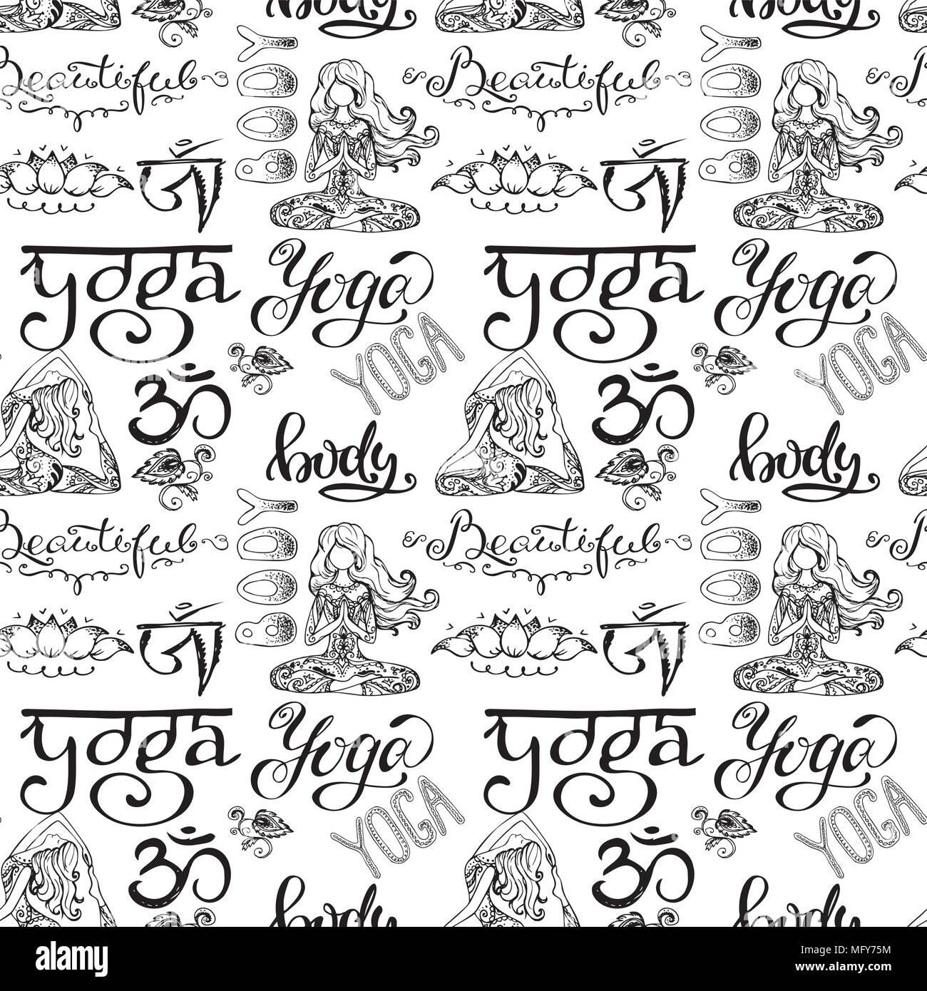 Yoga Pattern Graphics Yoga seamless pattern with lettering,ornament,girl in yoga pose Stock ...