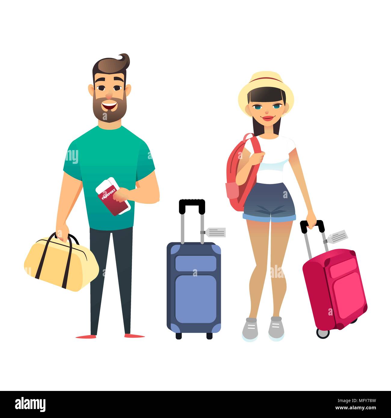 Travelling people waiting for airplane or train. Cartoon man and woman traveling together. Young cartoon couple go on vacation with suitcases and bags. Man holds Tickets and passports, girl holds backpack. Happy newlyweds leave on the sea resort. Stock Vector