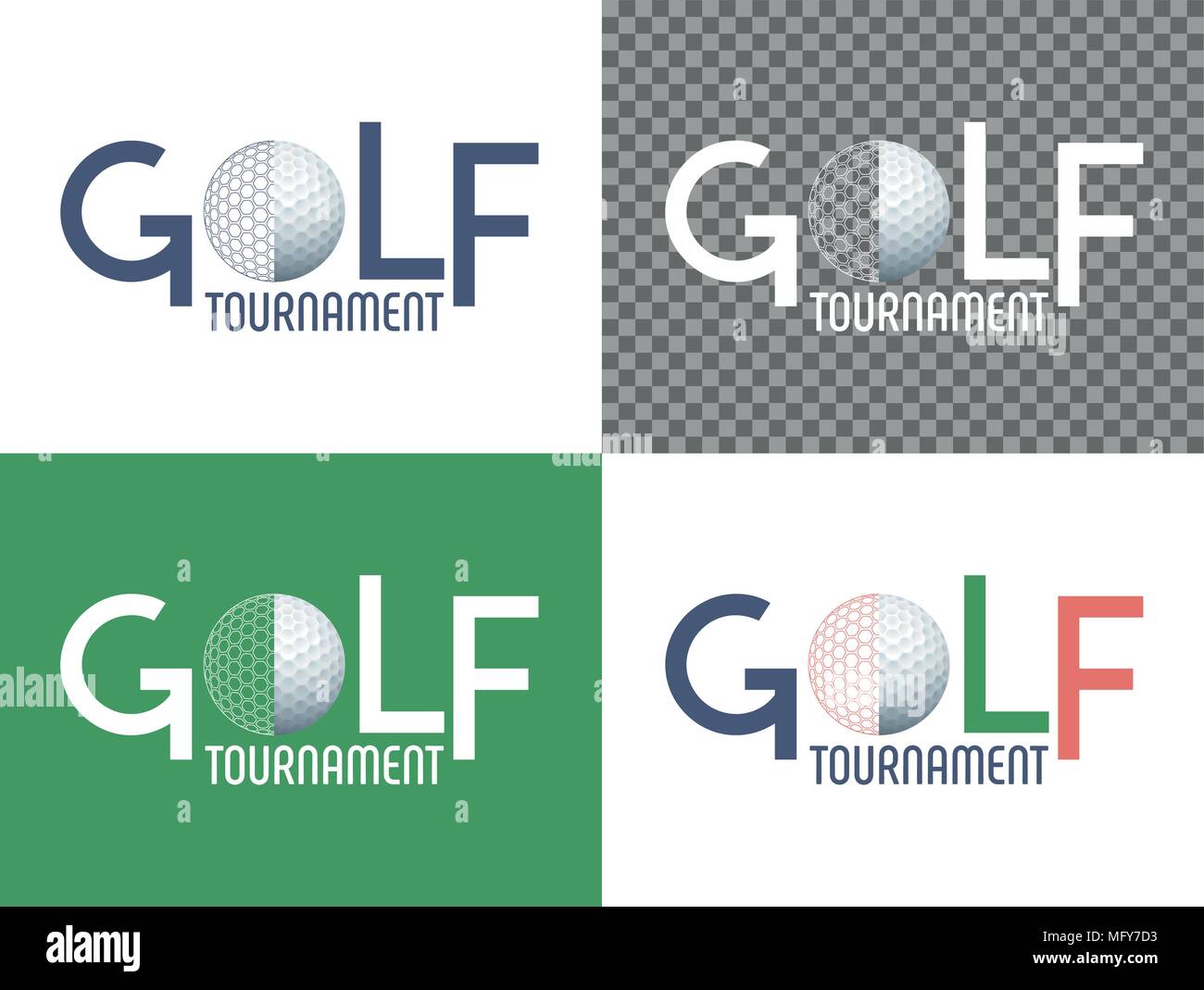 Golf Tournament sign with ball on the four different backgrounds. Vector Illustration. Stock Vector
