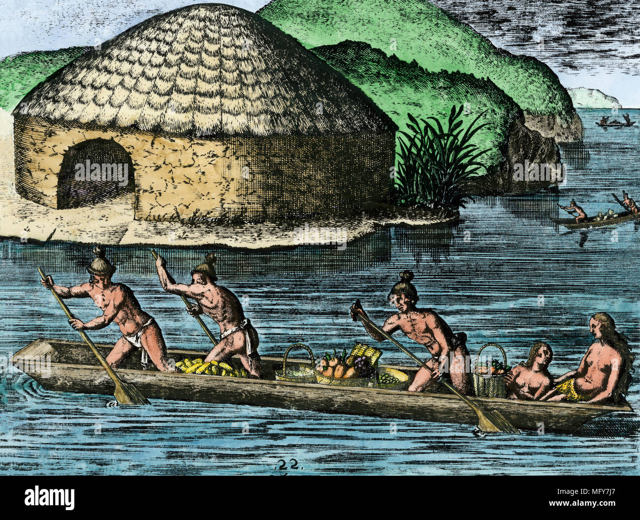 Florida natives bringing harvested crops to a storehouse of stone and earth, 1500s. Hand-colored DeBry engraving of a lost Le Moyne painting Stock Photo