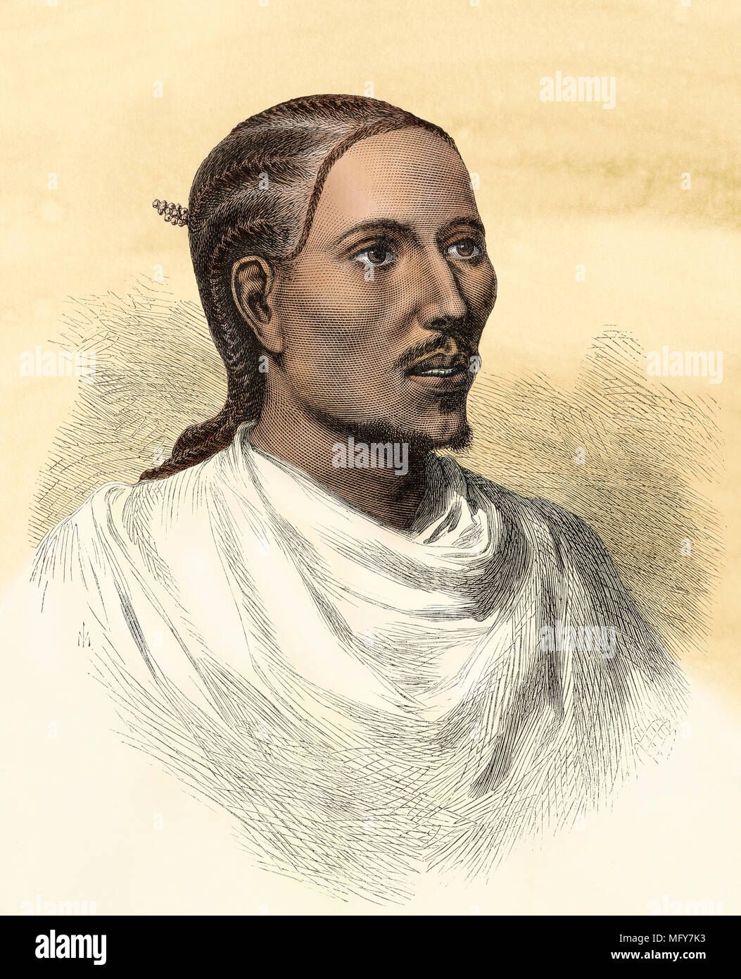 Dejazmach Kessai, Prince of Tigray (later Yohannes IV, King of Ethiopia), 1868. Digitally colored woodcut Stock Photo