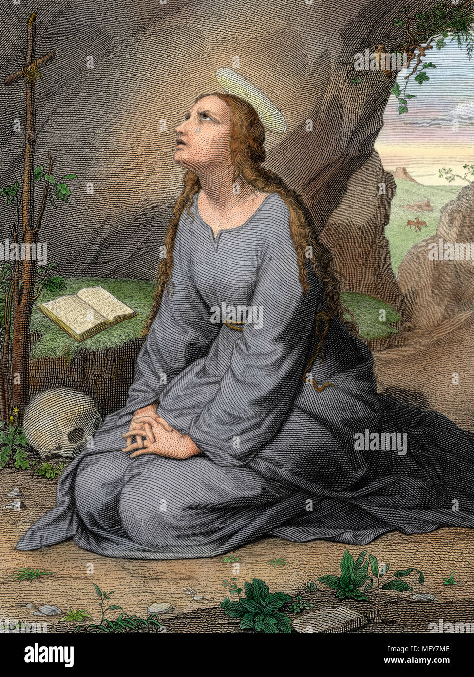 Mary Magdalene praying. Digitally colored engraving Stock Photo
