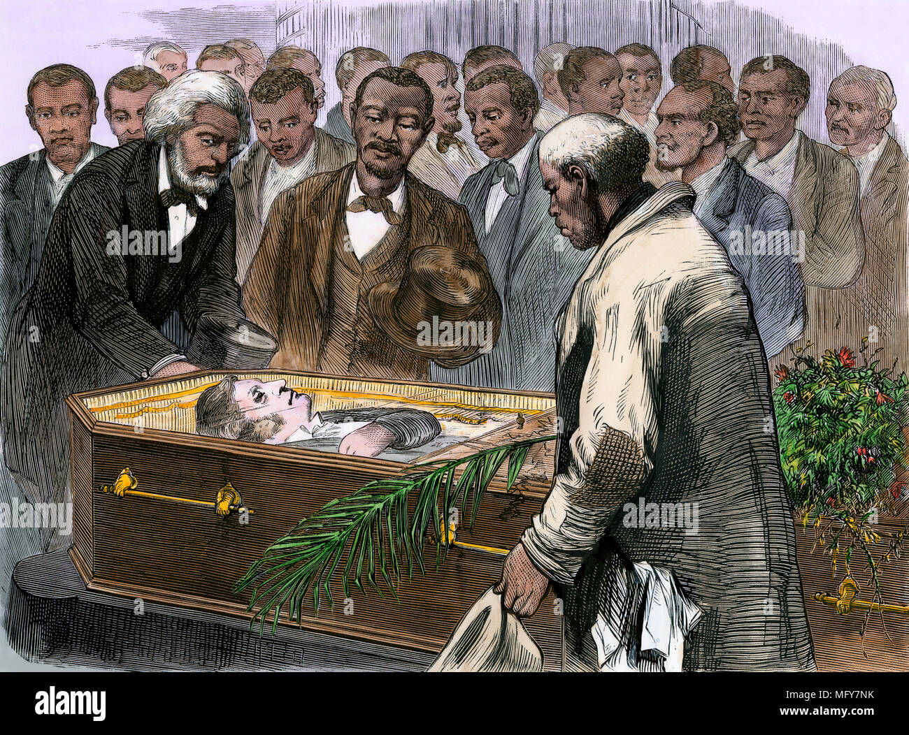 Frederick Douglass leading black mourners at Charles Sumner's funeral, 1874. Hand-colored woodcut Stock Photo