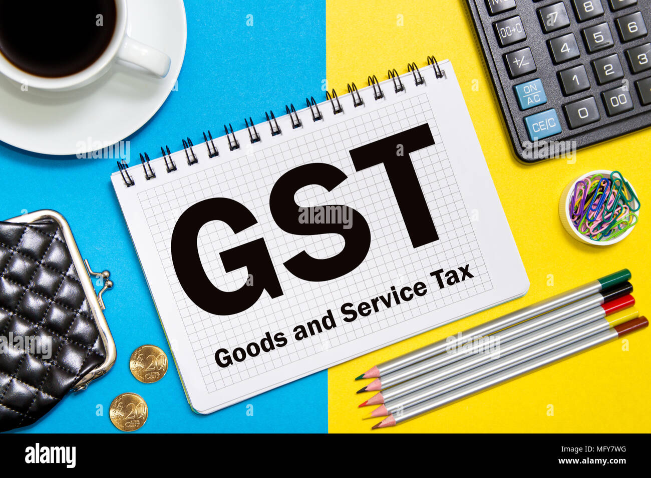 Goods and Service Tax notes in the notebook on the Desk in the office