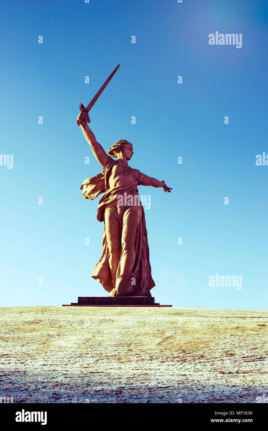 VOLGOGRAD, RUSSIA - JANUARY 15: Monument to World War II Motherland is calling on Mamayev Hill Stock Photo
