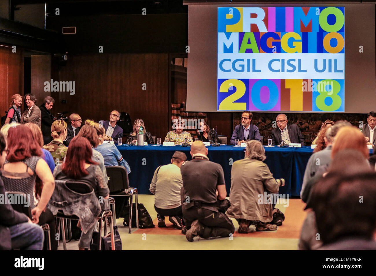 Italy. 26th Apr, 2018. Presentazione e Conferenza Stampa del Concertone 1° Maggio di Piaza S: Giovanni a Viale Mazzini sede RAI a Roma/ nELLE FOTO I SEGRETARI CONFEDERALI CGIL, CISL UIL, STEFANO COLETTA, PAOLA MARCHESINI, ALESSANDRO LOSTIA, MASSDIMO BONELLI, I PRESENTATORI 2018 AMBRA ANGIOLINI E LODO GUENZI/@danielafranceschelliPH/PacificPressAgency Press conference of the concertone of the 1st May of piazza S.Giovanni performed in Rai office in Viale Mazzini. Credit: Daniela Franceschelli/Pacific Press/Alamy Live News Stock Photo