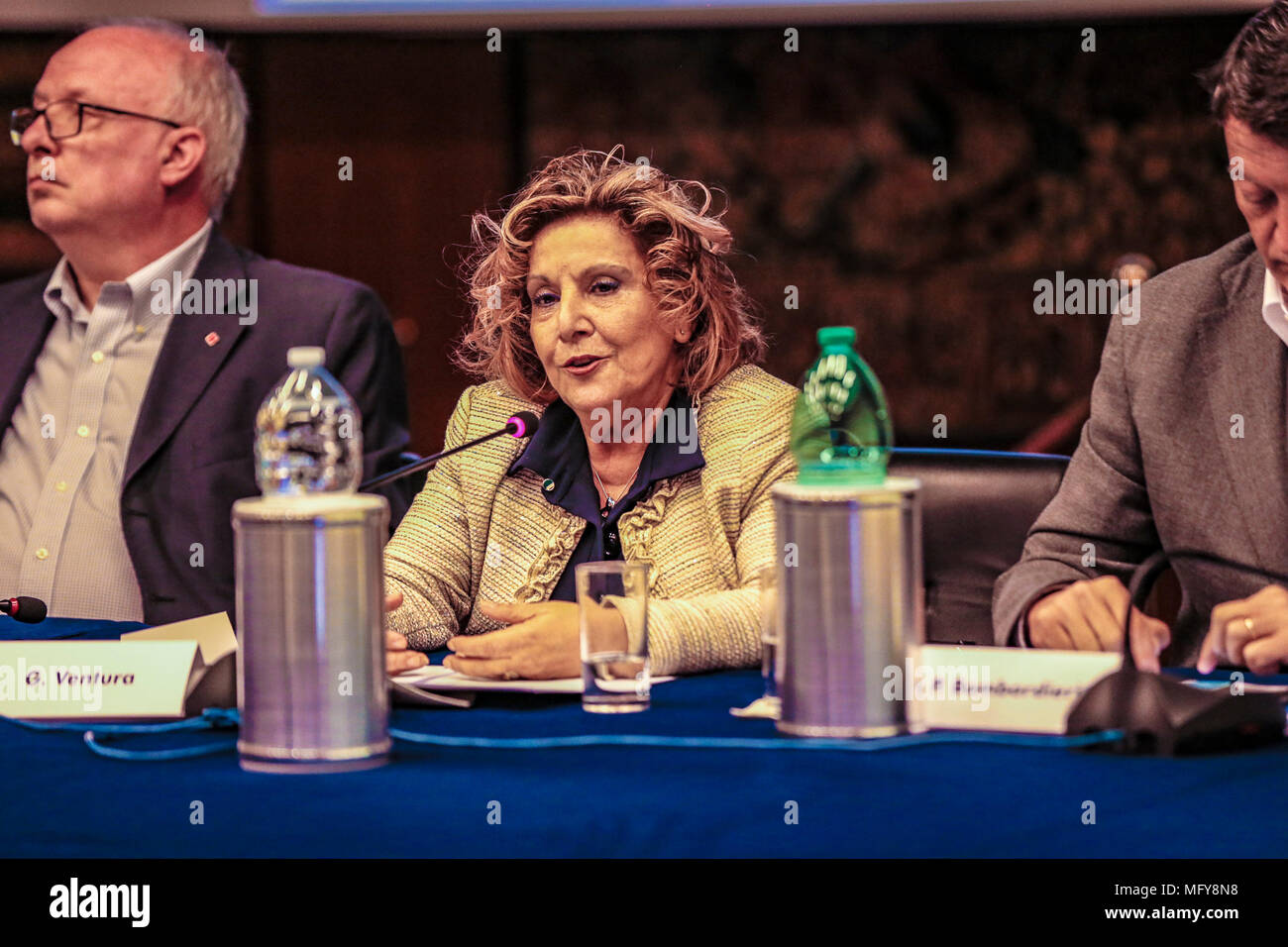 Italy. 26th Apr, 2018. Presentazione e Conferenza Stampa del Concertone 1° Maggio di Piaza S: Giovanni a Viale Mazzini sede RAI a Roma/ nELLE FOTO I SEGRETARI CONFEDERALI CGIL, CISL UIL, STEFANO COLETTA, PAOLA MARCHESINI, ALESSANDRO LOSTIA, MASSDIMO BONELLI, I PRESENTATORI 2018 AMBRA ANGIOLINI E LODO GUENZI/@danielafranceschelliPH/PacificPressAgency Press conference of the concertone of the 1st May of piazza S.Giovanni performed in Rai office in Viale Mazzini. Credit: Daniela Franceschelli/Pacific Press/Alamy Live News Stock Photo