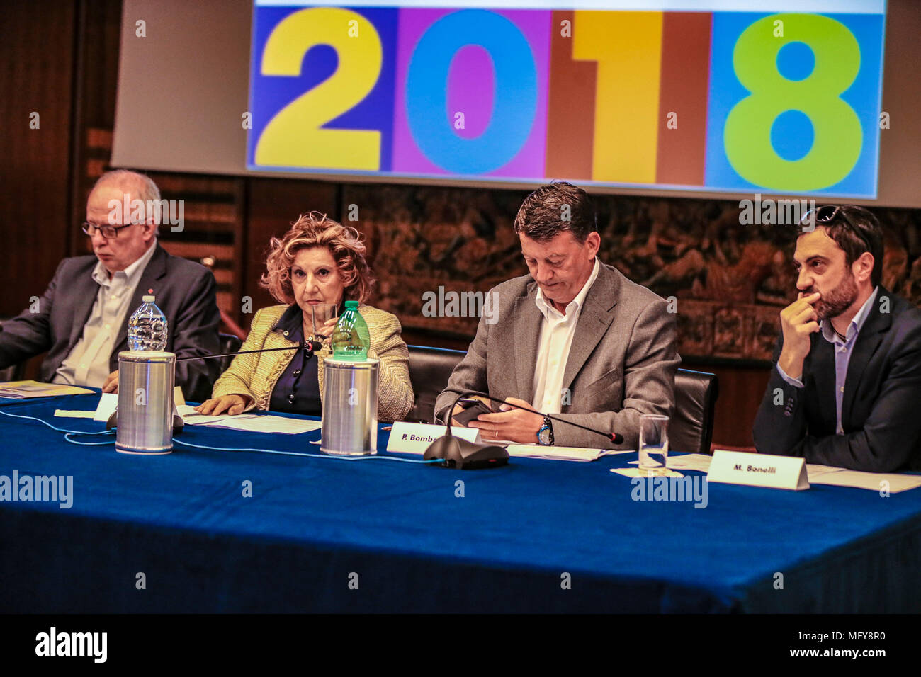 Italy. 26th Apr, 2018. Presentazione e Conferenza Stampa del Concertone 1° Maggio di Piaza S: Giovanni a Viale Mazzini sede RAI a Roma/ nELLE FOTO I SEGRETARI CONFEDERALI CGIL, CISL UIL, STEFANO COLETTA, PAOLA MARCHESINI, ALESSANDRO LOSTIA, MASSDIMO BONELLI, I PRESENTATORI 2018 AMBRA ANGIOLINI E LODO GUENZI/@danielafranceschelliPH/PacificPressAgency Press conference of the concertone of the 1st May of piazza S.Giovanni performed in Rai office in Viale Mazzini. Credit: Daniela Franceschelli/Pacific Press/Alamy Live News Stock Photo