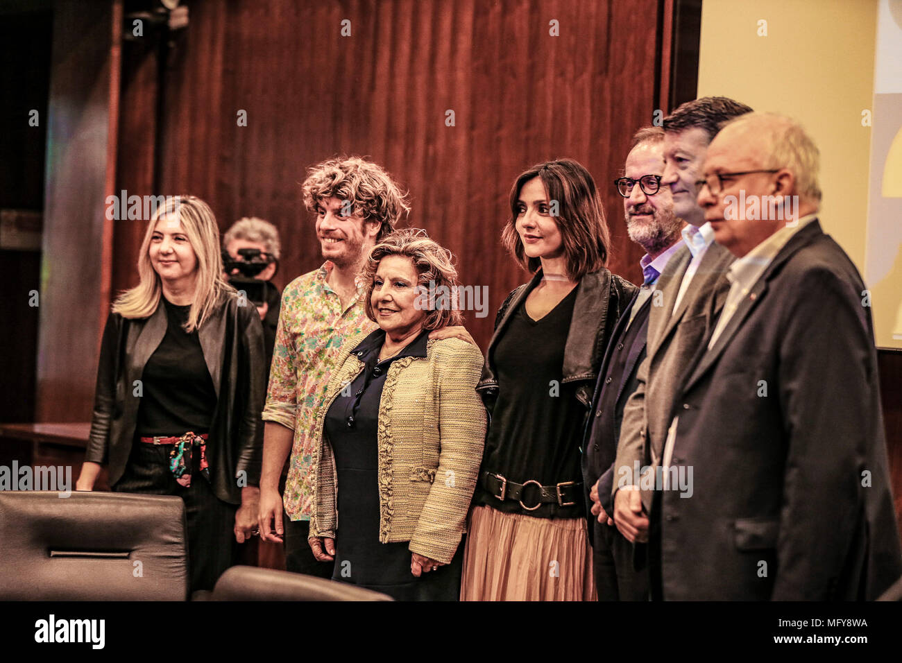 Italy. 26th Apr, 2018. Presentazione e Conferenza Stampa del Concertone 1° Maggio di Piaza S: Giovanni a Viale Mazzini sede RAI a Roma/ nELLE FOTO I SEGRETARI CONFEDERALI CGIL, CISL UIL, STEFANO COLETTA, PAOLA MARCHESINI, ALESSANDRO LOSTIA, MASSDIMO BONELLI, I PRESENTATORI 2018 AMBRA ANGIOLINI E LODO GUENZI/@danielafranceschelliPH/PacificPressAgency Press conference of the concertone of the 1st May of piazza S.Giovanni performed in Rai office in Viale Mazzini. Credit: Daniela Franceschelli/Pacific Press/Alamy Live News Stock Photo