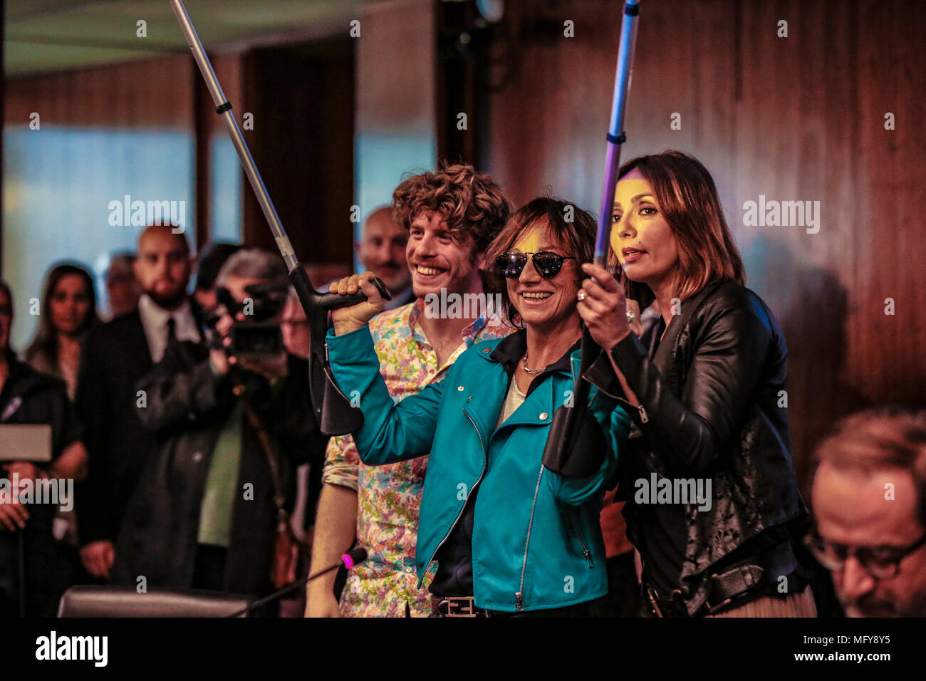 Italy. 26th Apr, 2018. Presentazione e Conferenza Stampa del Concertone 1° Maggio di Piaza S: Giovanni a Viale Mazzini sede RAI a Roma/GIANNA NANNINI@danielafranceschelliPH/PacificPressAgency Press conference of the concertone of the 1st May of piazza S.Giovanni performed in Rai office in Viale Mazzini. Credit: Daniela Franceschelli/Pacific Press/Alamy Live News Stock Photo