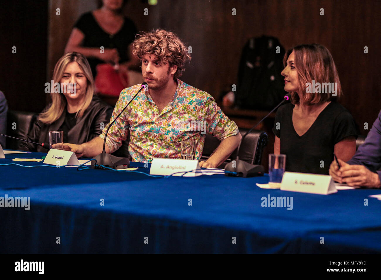 Italy. 26th Apr, 2018. Presentazione e Conferenza Stampa del Concertone 1° Maggio di Piaza S: Giovanni a Viale Mazzini sede RAI a Roma/ nELLE FOTO I SEGRETARI CONFEDERALI CGIL, CISL UIL, STEFANO COLETTA, PAOLA MARCHESINI, ALESSANDRO LOSTIA, MASSDIMO BONELLI, I PRESENTATORI 2018 AMBRA ANGIOLINI E LODO GUENZI/@danielafranceschelliPH/PacificPressAgency Press conference of the concertone of the 1st May of piazza S.Giovanni performed in Rai office in Viale Mazzini. Credit: Daniela Franceschelli/Pacific Press/Alamy Live News Stock Photo