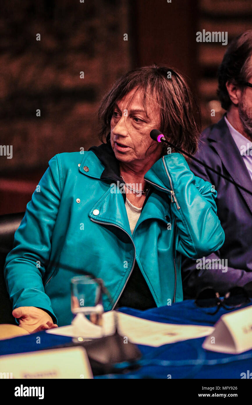 Rome, Italy. 26th Apr, 2018. Presentazione e Conferenza Stampa del Concertone 1° Maggio di Piaza S: Giovanni a Viale Mazzini sede RAI a Roma/GIANNA NANNINI@danielafranceschelliPH/PacificPressAgency Press conference of the concertone of the 1st May of piazza S.Giovanni performed in Rai office in Viale Mazzini. Credit: Daniela Franceschelli/Pacific Press/Alamy Live News Stock Photo