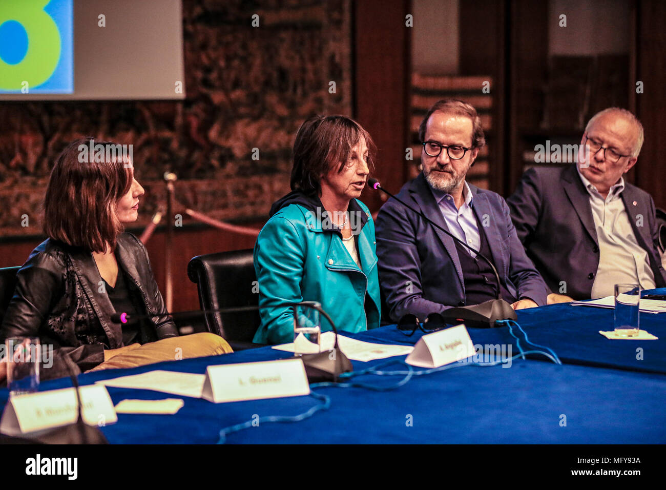 Italy. 26th Apr, 2018. Presentazione e Conferenza Stampa del Concertone 1° Maggio di Piaza S: Giovanni a Viale Mazzini sede RAI a Roma/GIANNA NANNINI@danielafranceschelliPH/PacificPressAgency Press conference of the concertone of the 1st May of piazza S.Giovanni performed in Rai office in Viale Mazzini. Credit: Daniela Franceschelli/Pacific Press/Alamy Live News Stock Photo