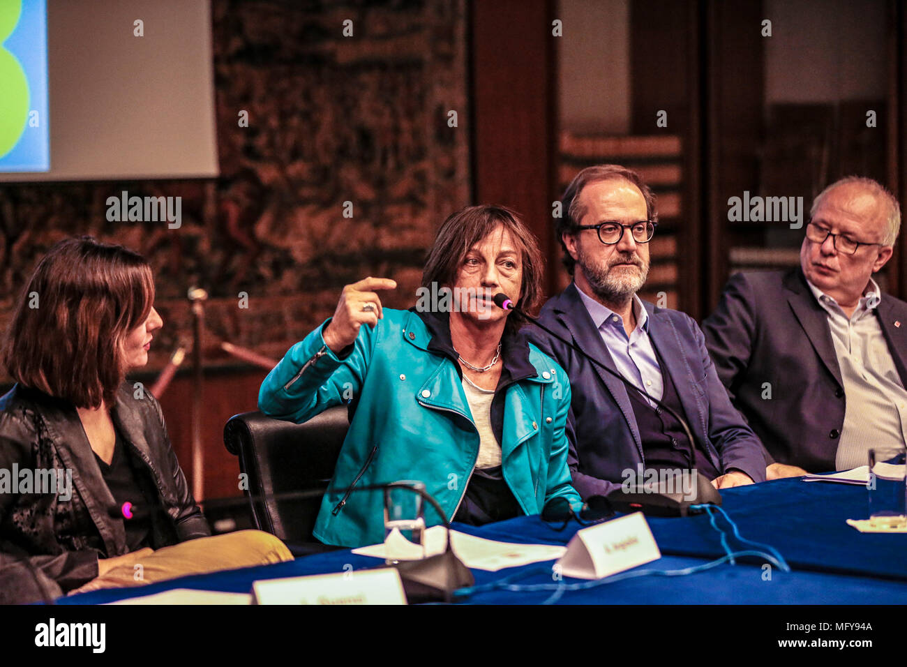 Italy. 26th Apr, 2018. Presentazione e Conferenza Stampa del Concertone 1° Maggio di Piaza S: Giovanni a Viale Mazzini sede RAI a Roma/GIANNA NANNINI@danielafranceschelliPH/PacificPressAgency Press conference of the concertone of the 1st May of piazza S.Giovanni performed in Rai office in Viale Mazzini. Credit: Daniela Franceschelli/Pacific Press/Alamy Live News Stock Photo
