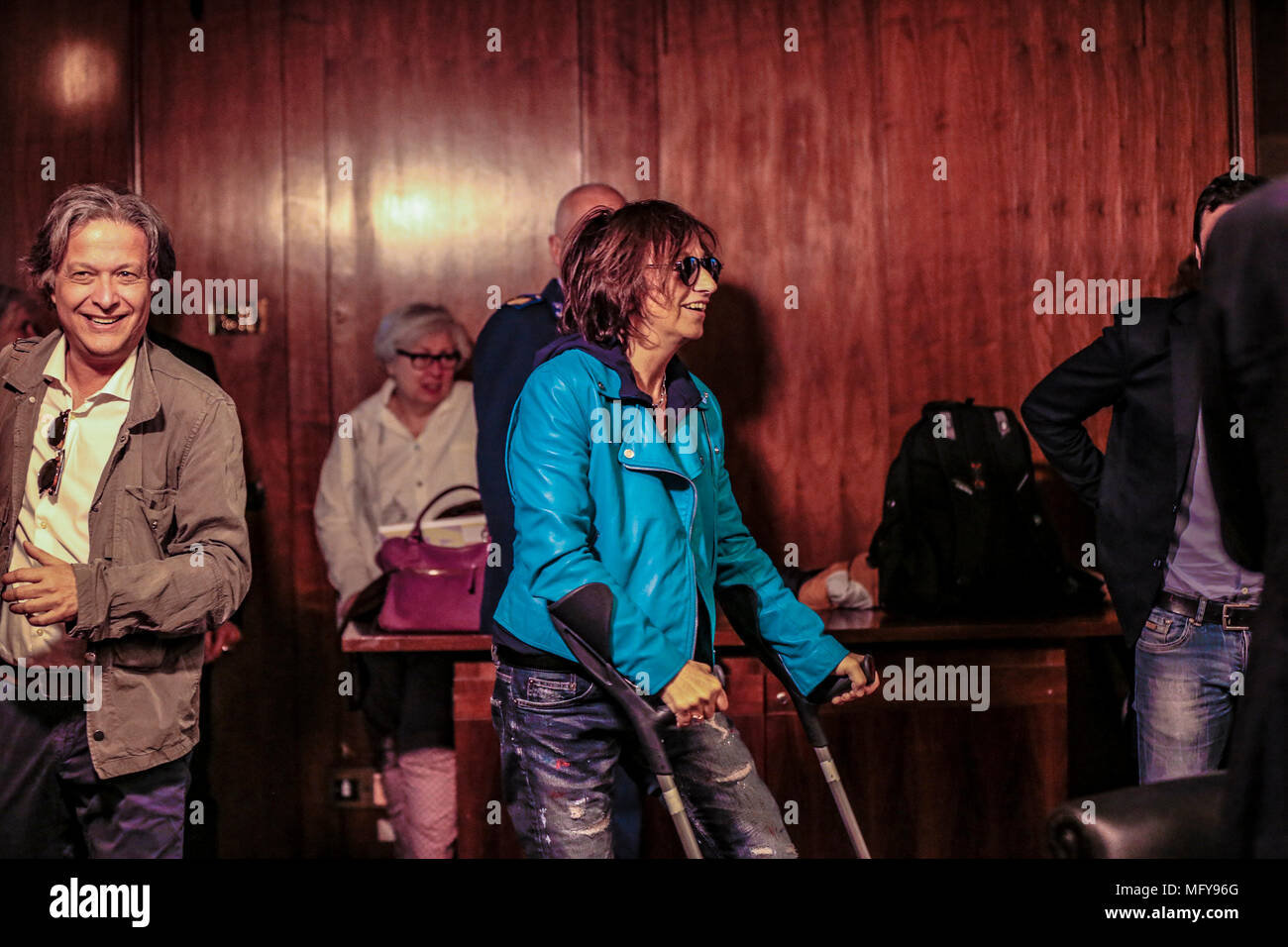 Italy. 26th Apr, 2018. Presentazione e Conferenza Stampa del Concertone 1° Maggio di Piaza S: Giovanni a Viale Mazzini sede RAI a Roma/GIANNA NANNINI@danielafranceschelliPH/PacificPressAgency Press conference of the concertone of the 1st May of piazza S.Giovanni performed in Rai office in Viale Mazzini. Credit: Daniela Franceschelli/Pacific Press/Alamy Live News Stock Photo