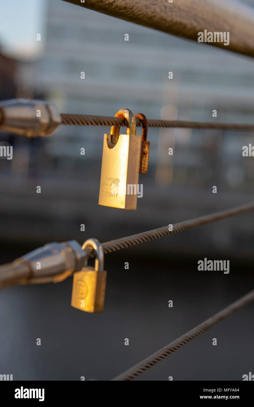 padlocks on the Tradeston bridge across the River Clyde, Glasgow Stock