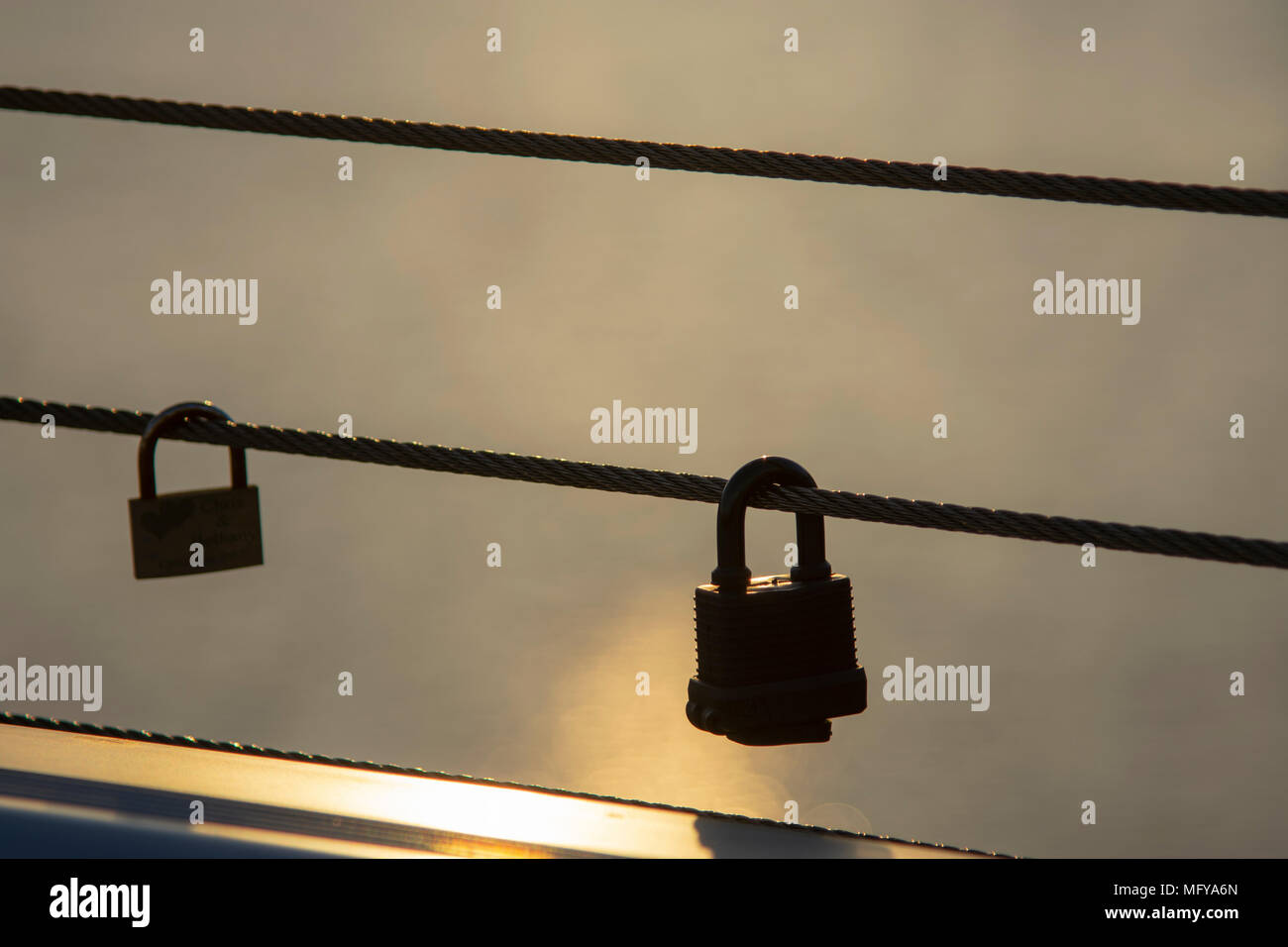 Padlocks on the Tradeston bridge across the River Clyde, Glasgow Stock