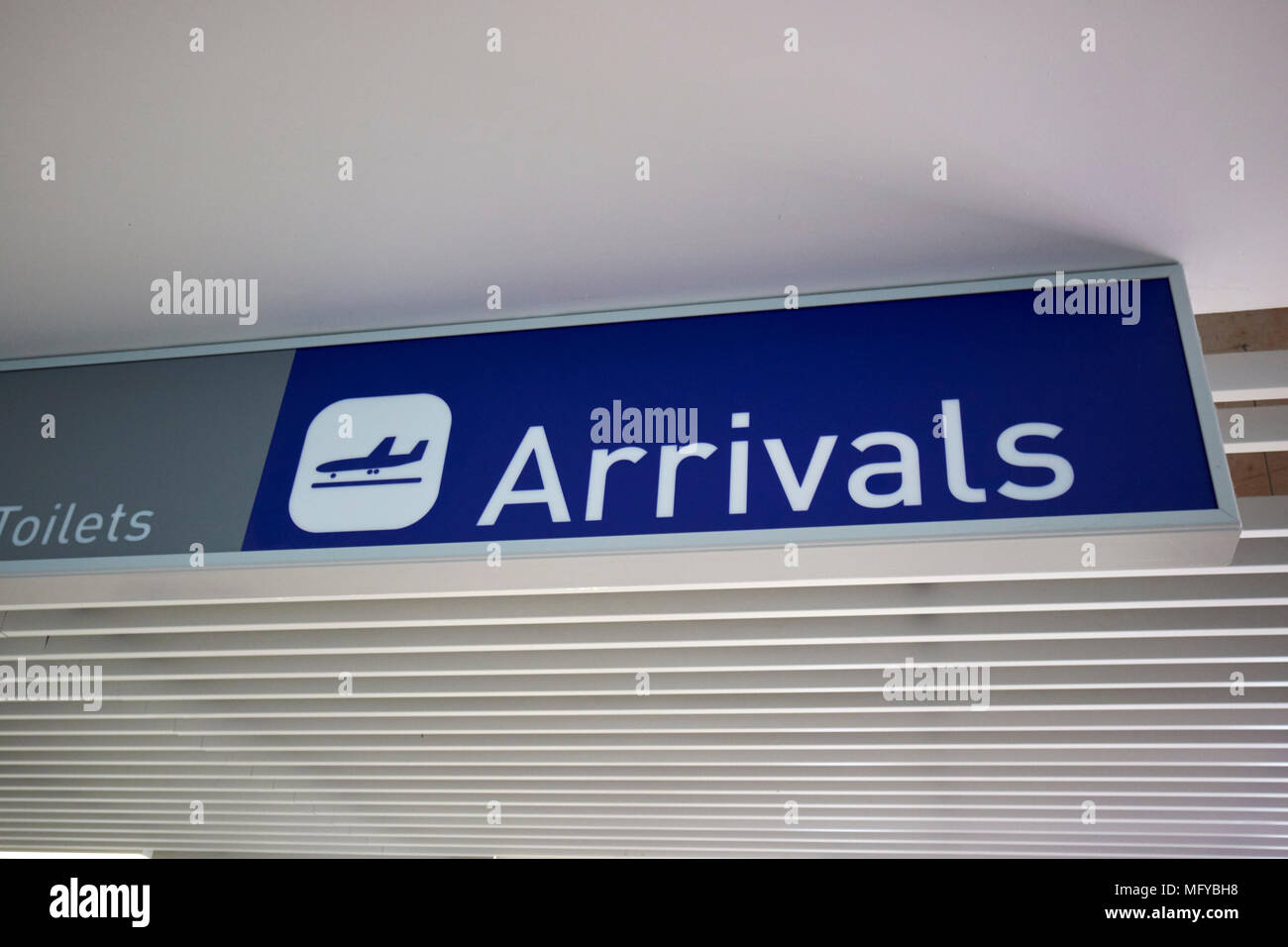 blue arrivals sign at bristol airport england uk Stock Photo