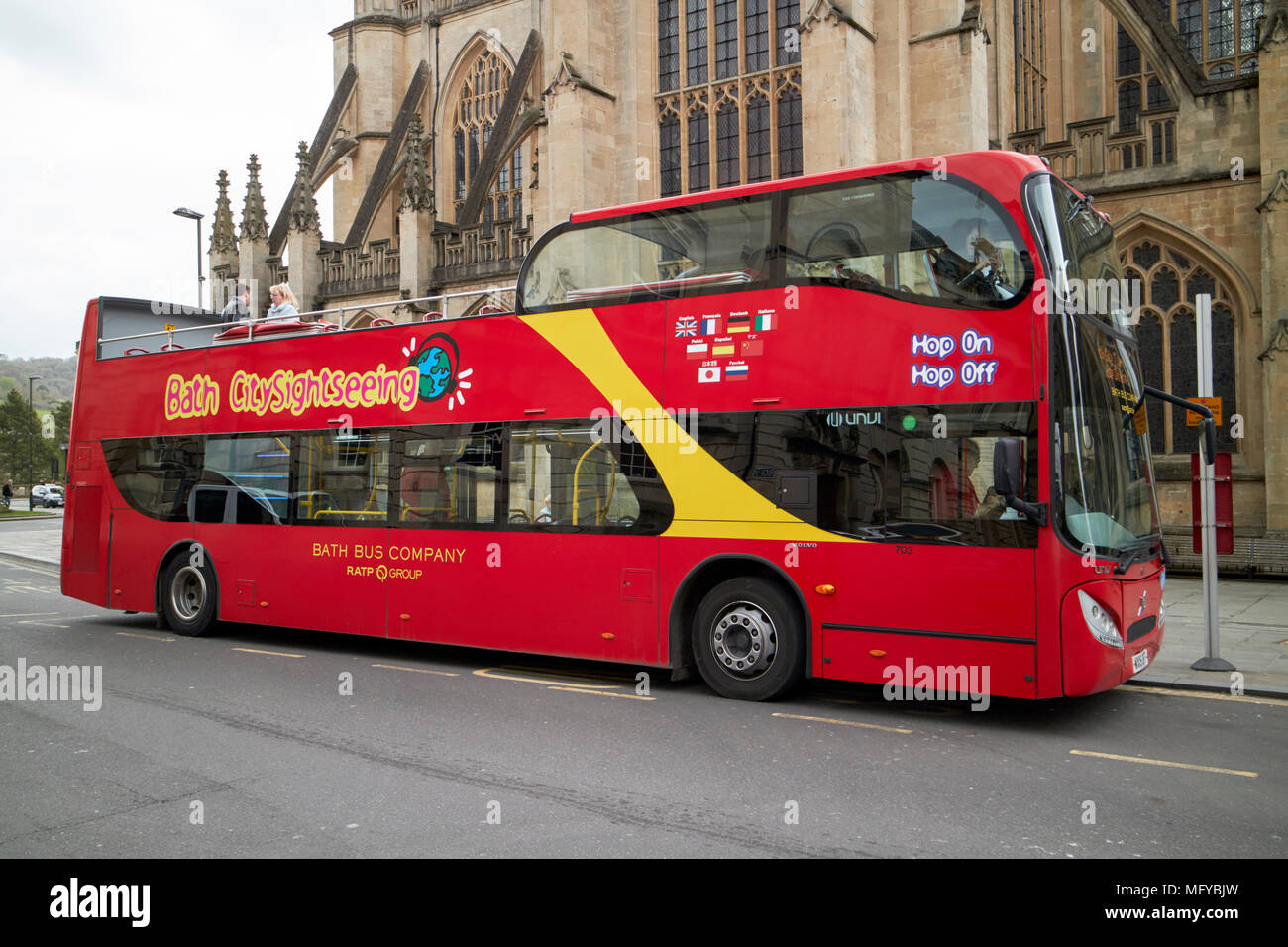 bath city sightseeing red double deck guided tour bus england uk Stock Photo