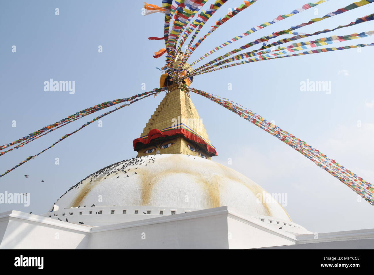 Praying flags of Boudhanath Stupa, Kathmandu, Nepal Stock Photo