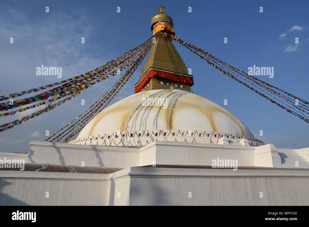 Shadows of praying flags on Boudhanath Stupa, Kathmandu, Nepal Stock Photo