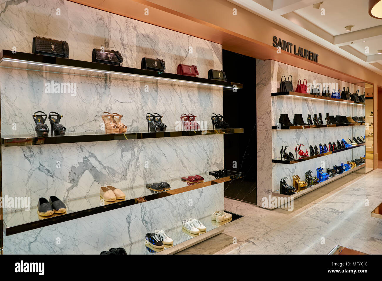 ROME, ITALY - CIRCA NOVEMBER, 2017: Saint Laurent shoes on display at a second flagship store of Rinascente in Rome. Stock Photo