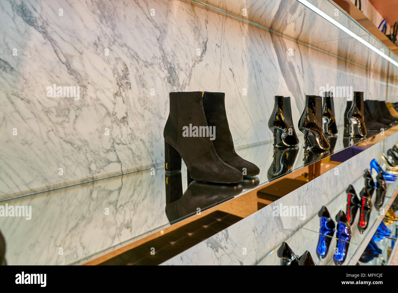 ROME, ITALY - CIRCA NOVEMBER, 2017: Saint Laurent shoes on display at a second flagship store of Rinascente in Rome. Stock Photo