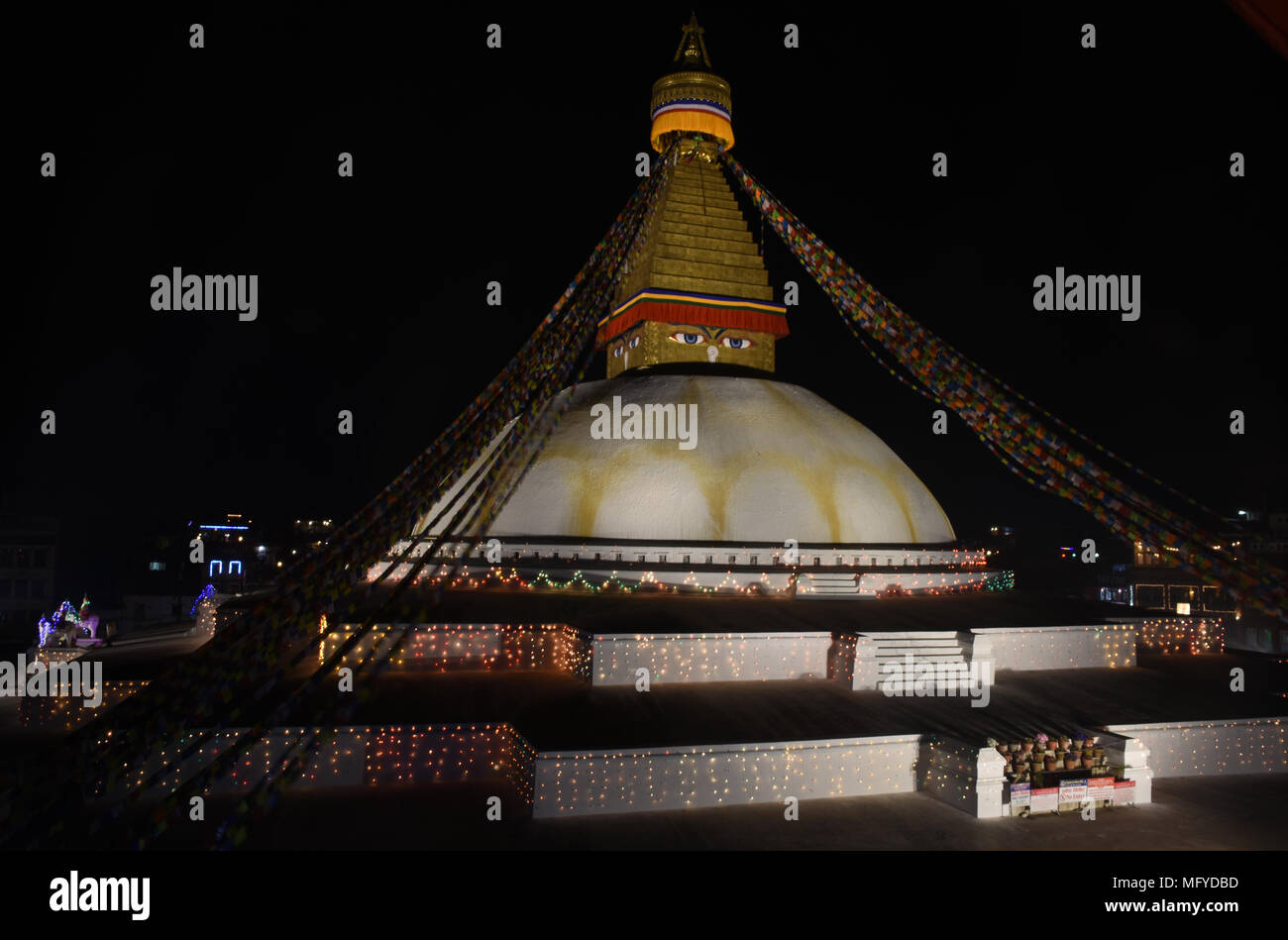 View of Boudhanath Stupa at night, Kathmandu, Nepal Stock Photo